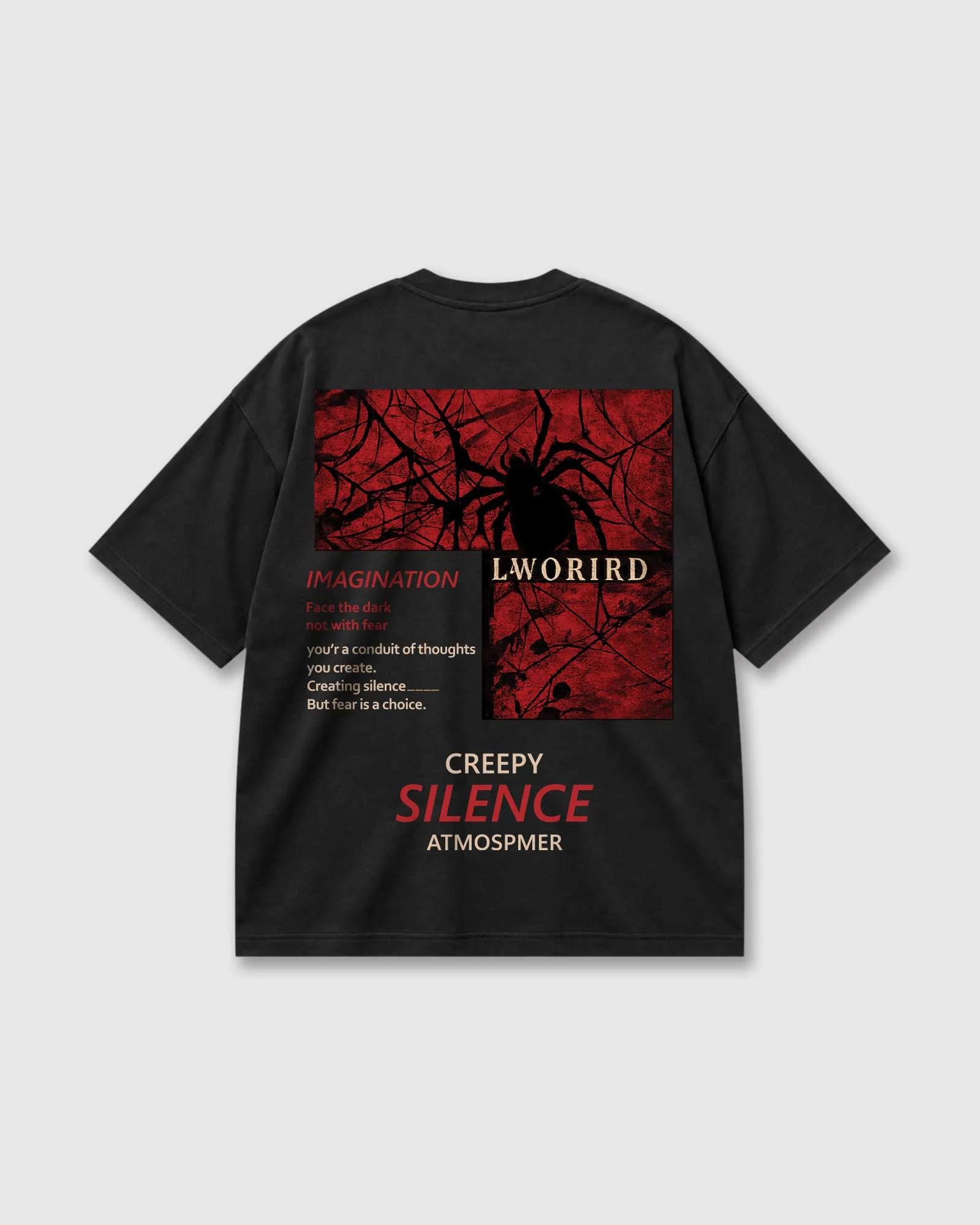 Back of a black Outflee Creeping Silence drop shoulder T-shirt with red spider webs, dark spider graphics and creepy silence typography.