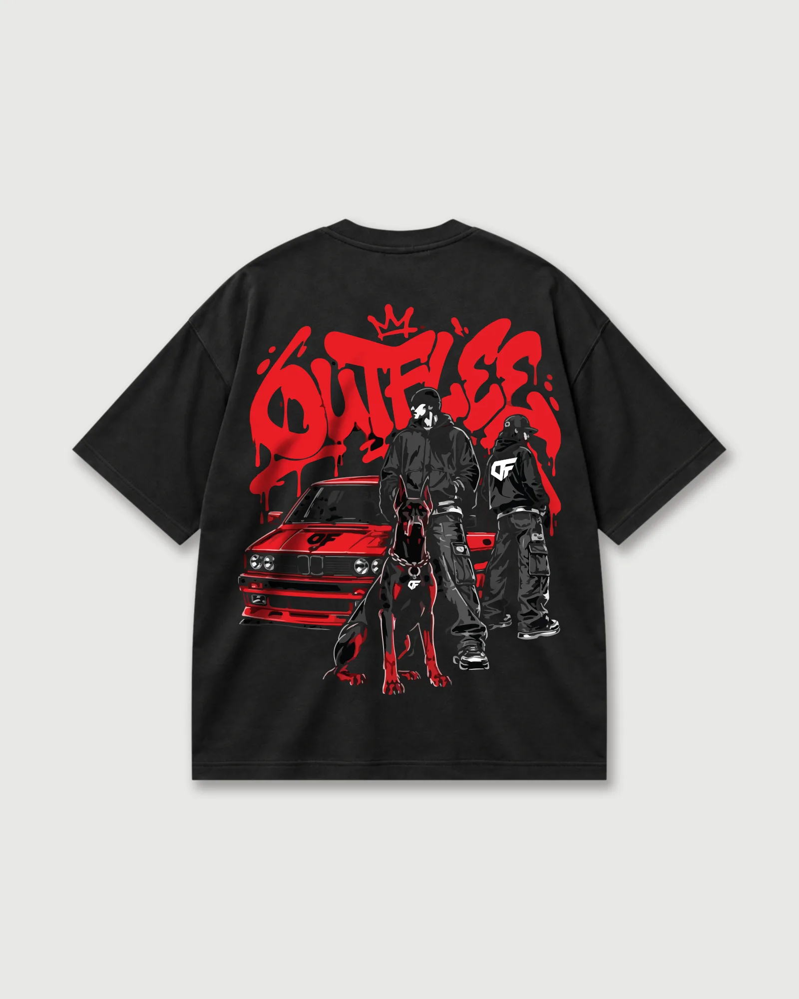 Back of a black Outflee Street Reign drop shoulder T-shirt with red graffiti lettering, a red car, two streetwear figures and a Doberman graphic.