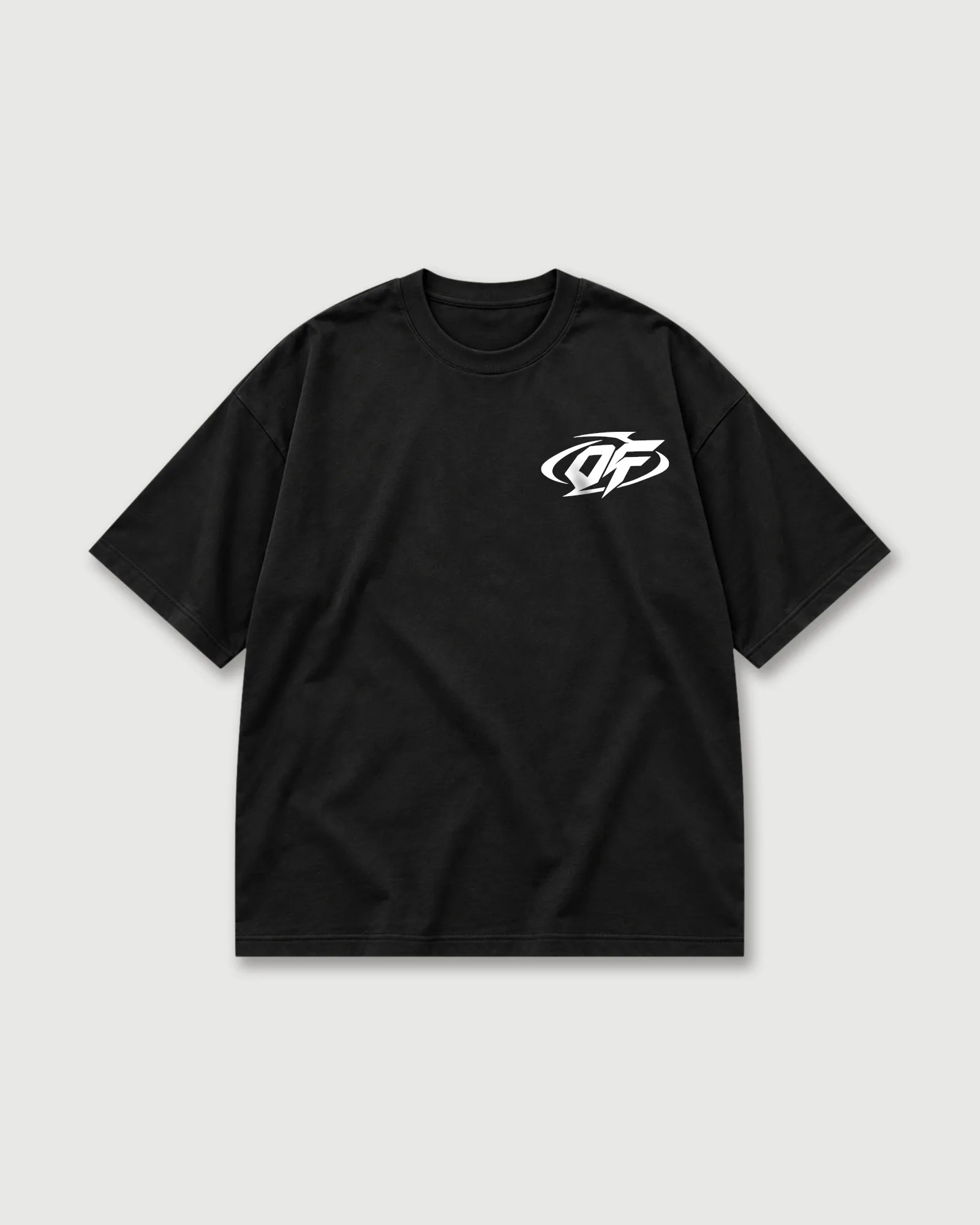 Black Outflee Small City Big Dreams drop shoulder T-shirt with a small white Outflee logo on the left chest.