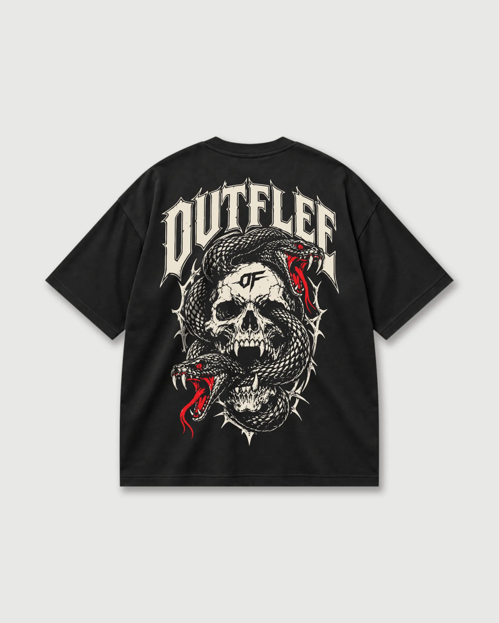 Back of a black Outflee Serpent Reign drop shoulder T-shirt with a skull wrapped in snakes, cream Outflee lettering and red accents.
