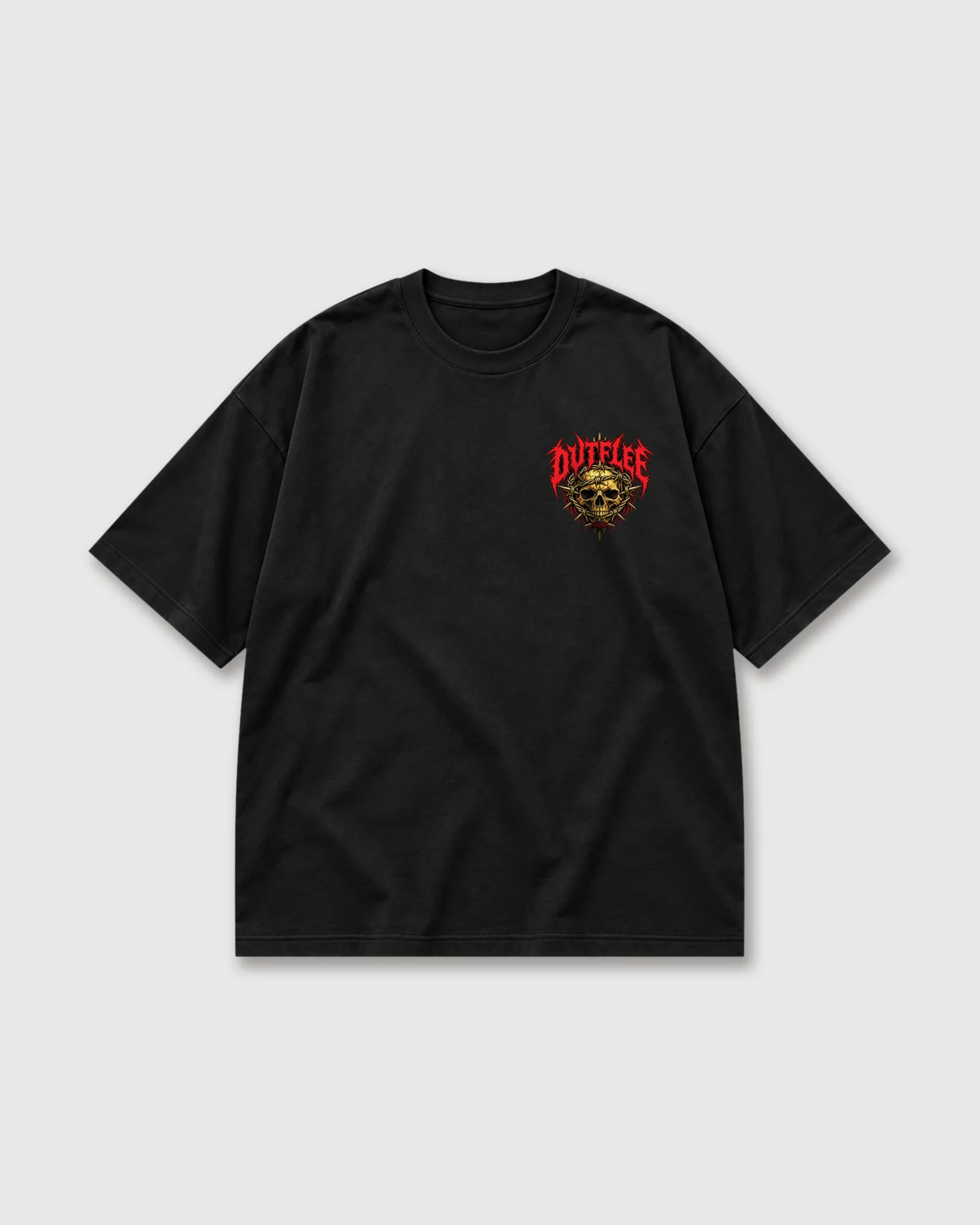 Black Outflee Thornbound Skull drop shoulder T-shirt with a small red and gold skull graphic on the left chest.