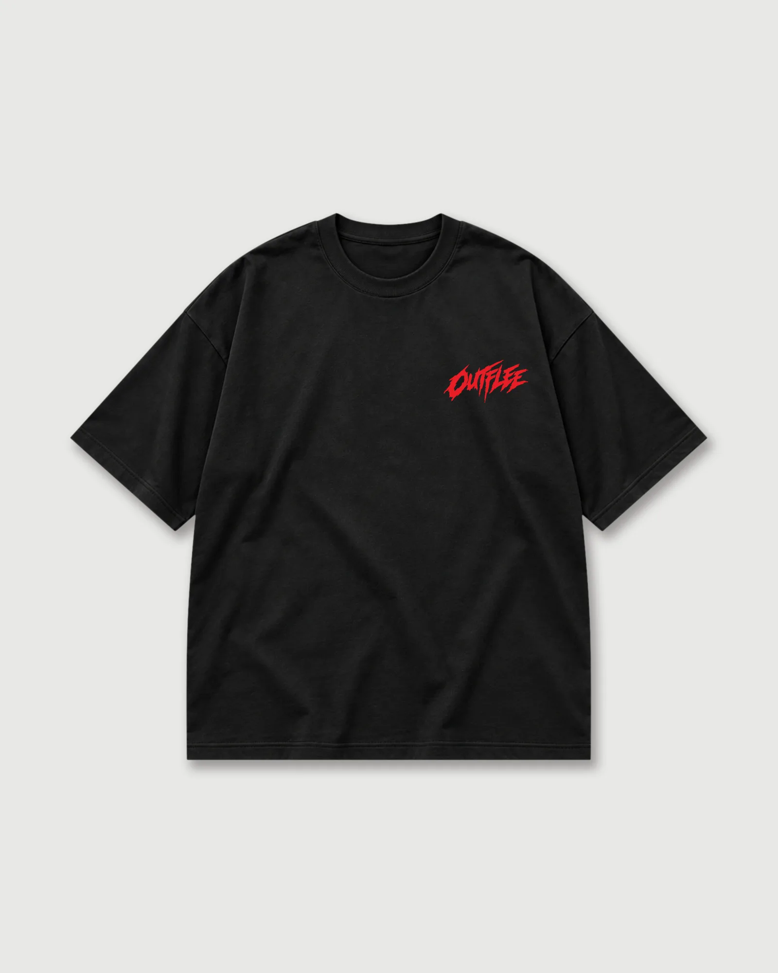 Black Outflee Street Reign drop shoulder T-shirt with a small red Outflee logo on the left chest.