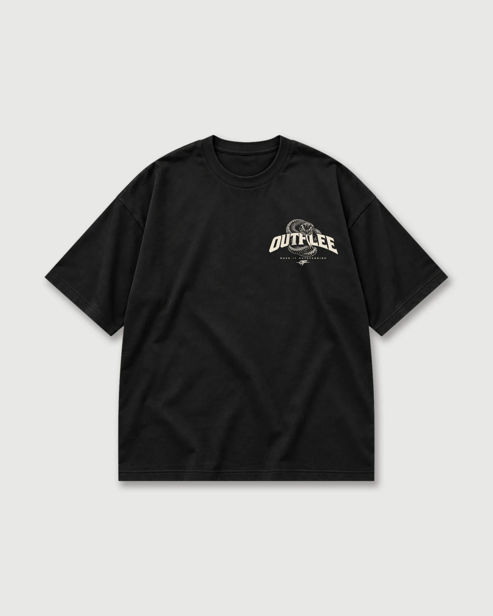Black Outflee Serpent Reign drop shoulder T-shirt with a cream Outflee logo and coiled snake graphic on the left chest.