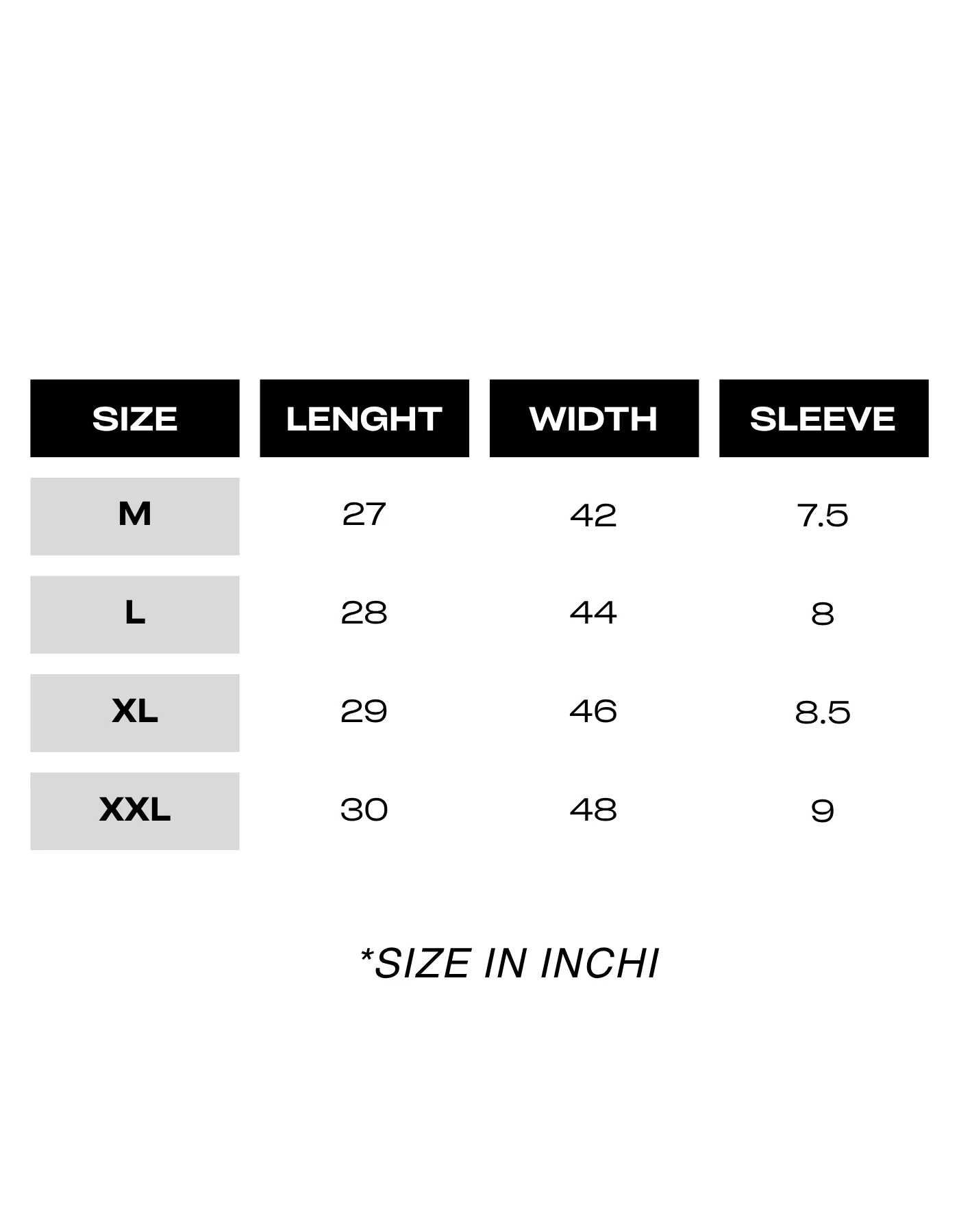 Drop Shoulders size chart