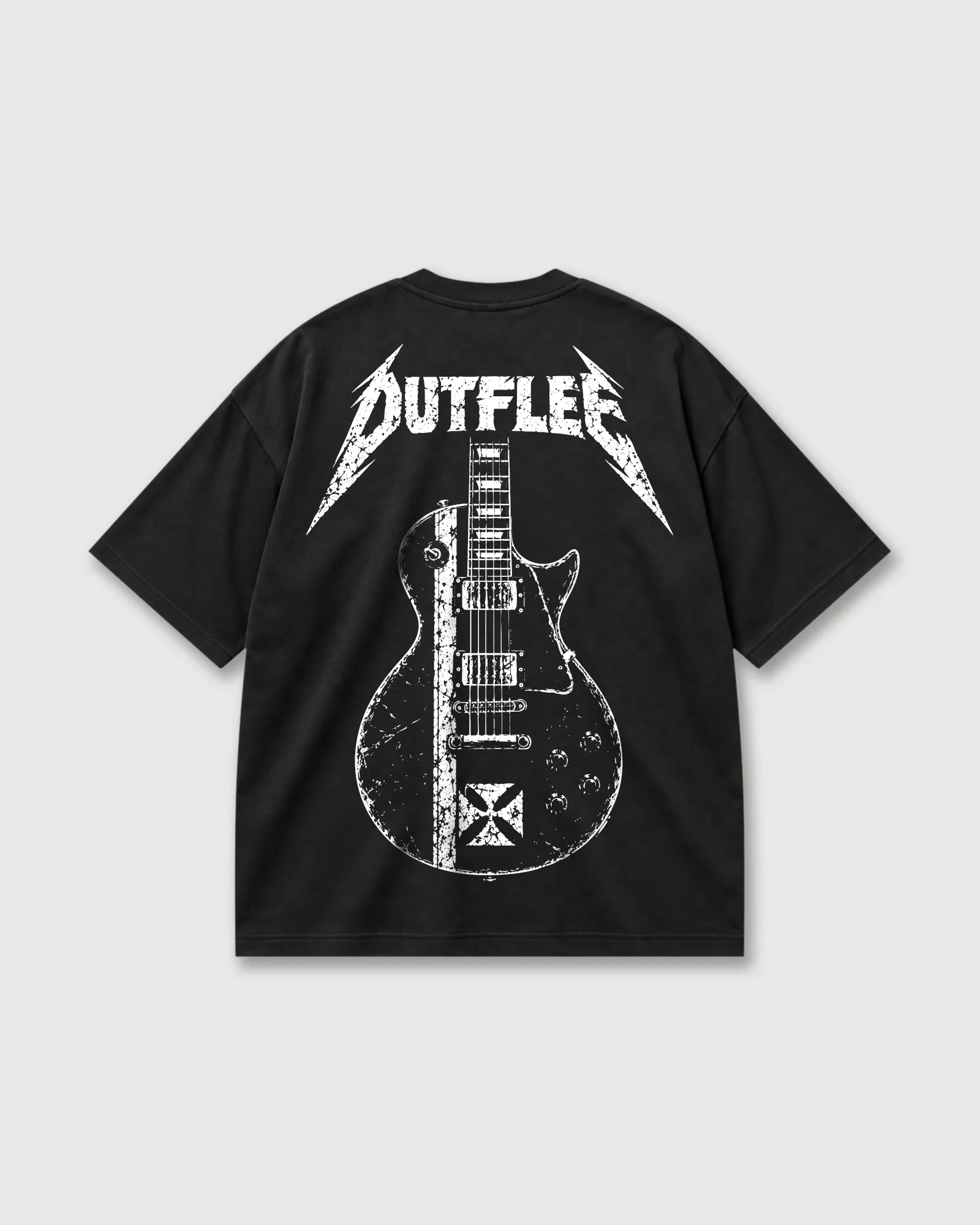 Back of a black Outflee Distorted Riff drop shoulder T-shirt with distressed Outflee lettering and a large vintage electric guitar graphic.