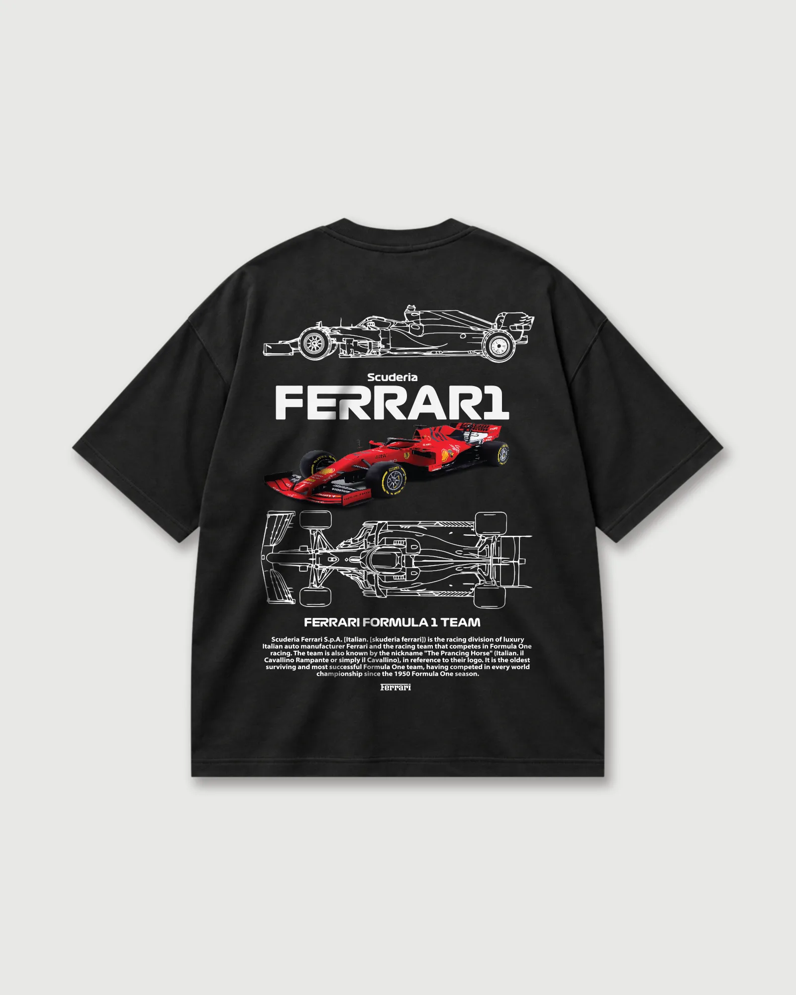 Back of a black Outflee Ferrari Formula 1 graphic drop shoulder T-shirt featuring a red F1 race car, technical car outlines and Scuderia Ferrari typography.