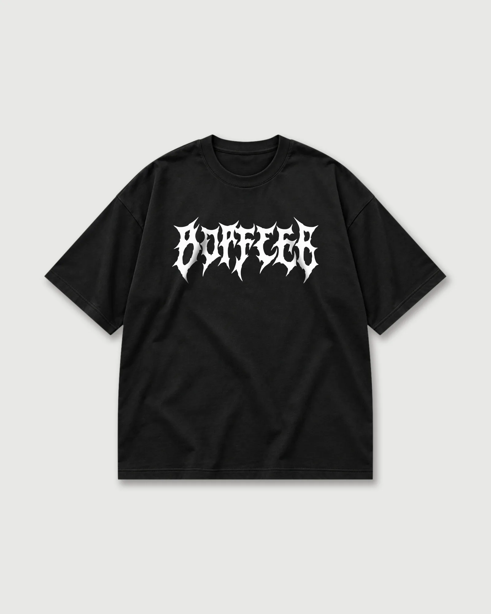 Black Outflee Shadow Ronin drop shoulder T-shirt with bold white gothic Outflee lettering across the chest.
