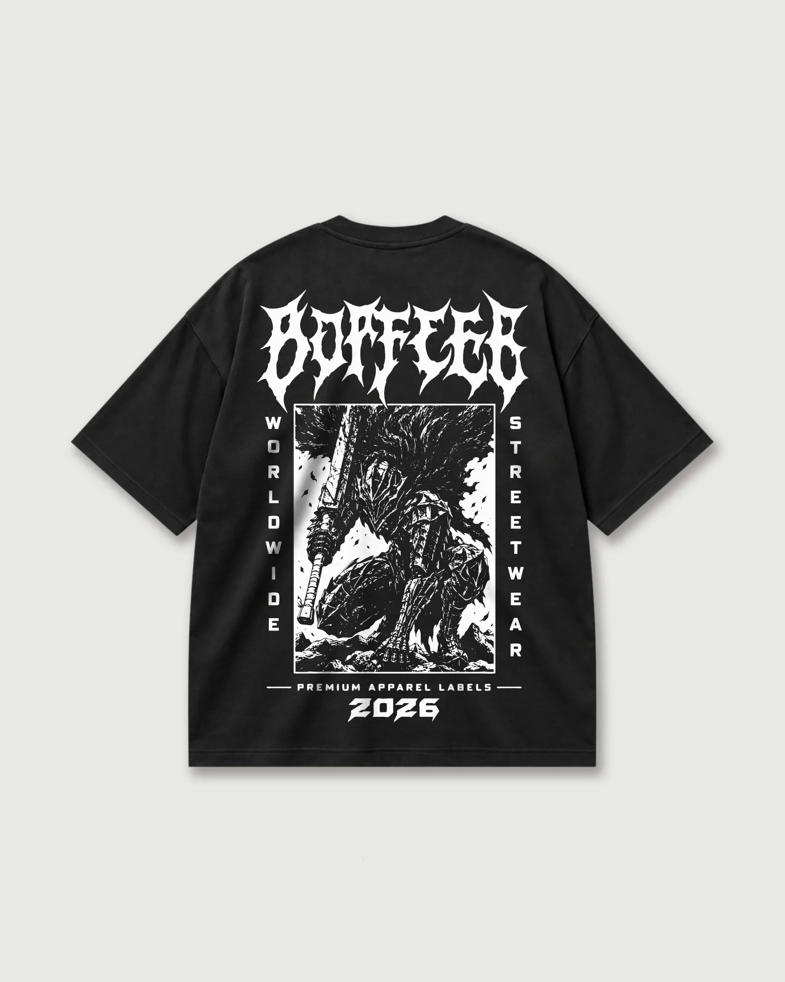 Back of a black Outflee Shadow Ronin drop shoulder T-shirt with gothic Outflee lettering, a dark armored warrior holding a sword and monochrome streetwear graphics.