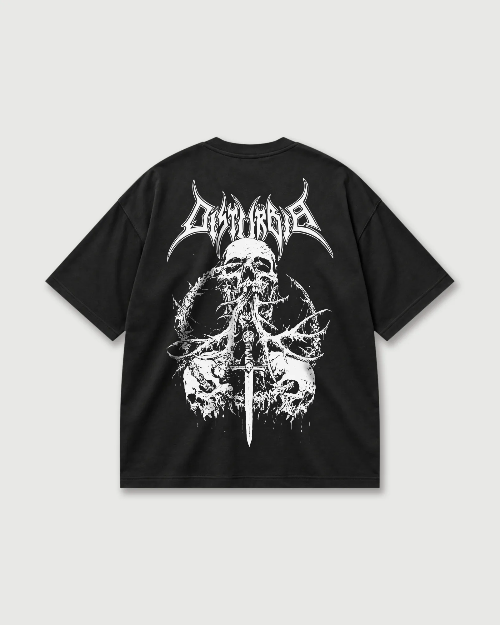 Back of a black Outflee Skullbound drop shoulder T-shirt with large white gothic lettering, multiple skulls, thorn-like branches and a central dagger graphic.