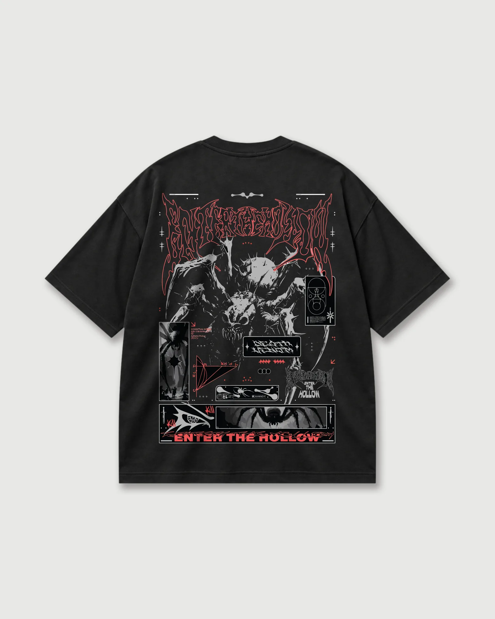 Back of a black Outflee Enter the Hollow drop shoulder T-shirt with dark creature artwork, red gothic graphics, layered symbols and “Enter the Hollow” typography.