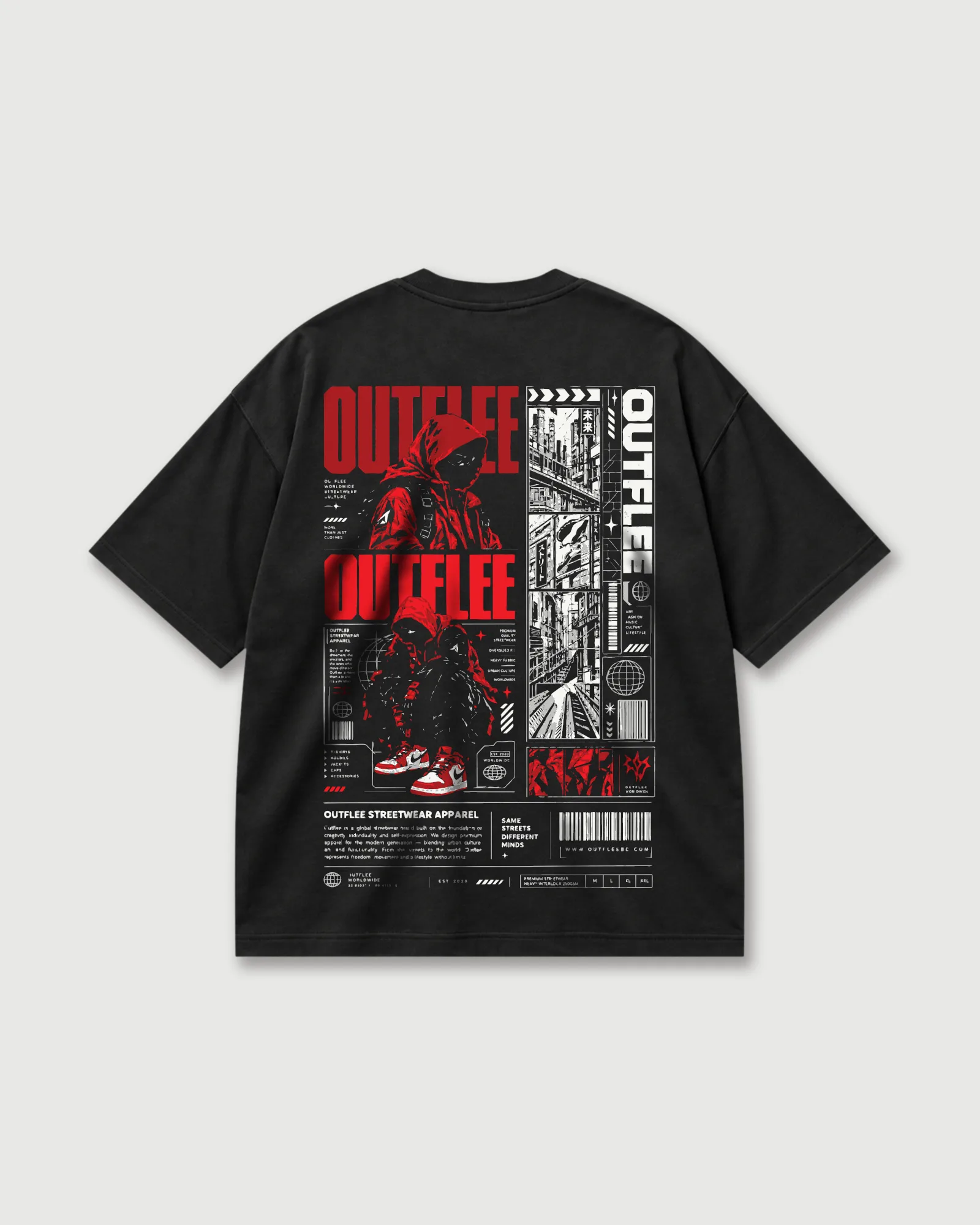 Back of a black Outflee Same Streets Different Minds drop shoulder T-shirt with red hooded streetwear figures, urban city panels, bold Outflee typography and black-white-red graphic details.